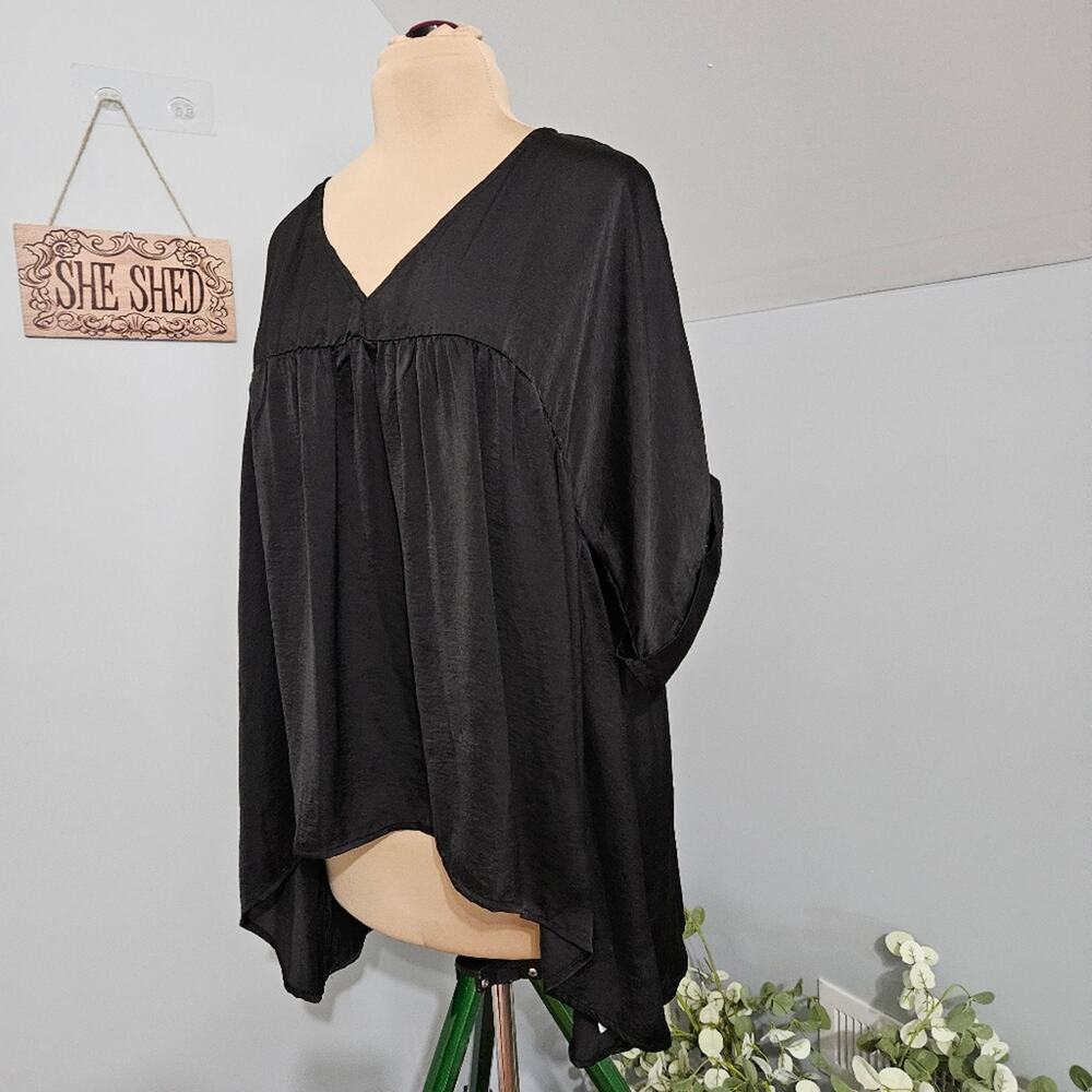 Glam Women Black Satin V-Neck Babydoll Blouse High-Low Cuffed Sleeve Top L - Picture 4 of 13